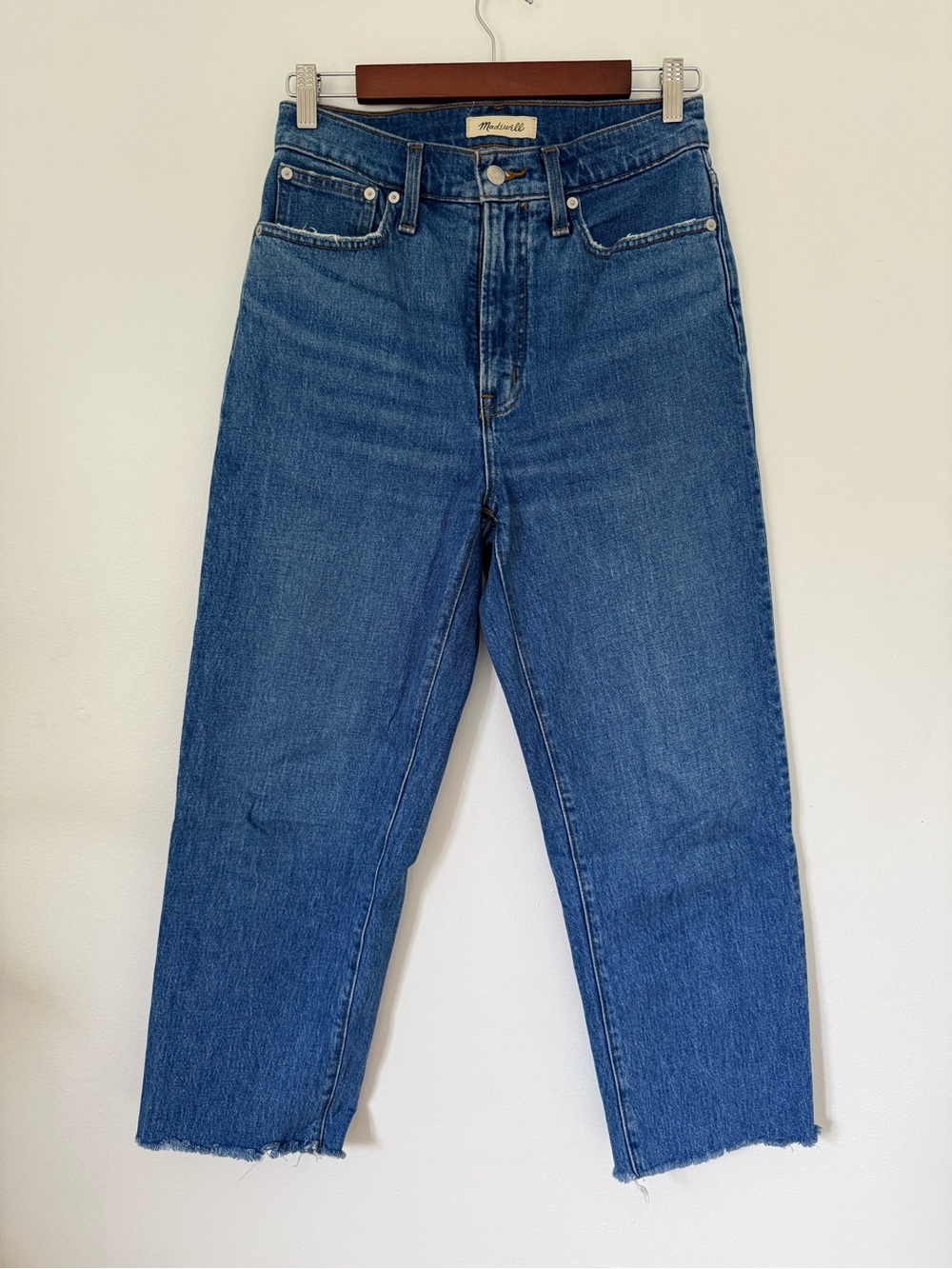 Madewell High-Rise The Perfect Vintage Straight Raw Hem Jeans in Blue Denim